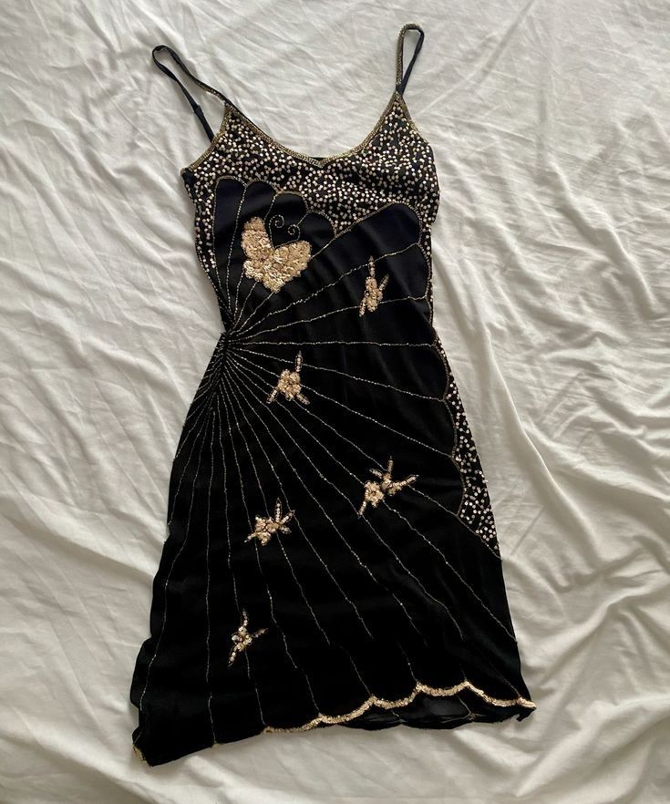 Great Gatsby Style Black Mini Cocktail Dress with Gold Beaded Butterfly Embroidery TP2492