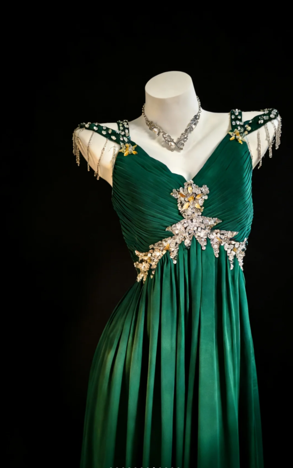 Unique V Neck Dark Green Satin Beaded Long Party Dress Wedding Guest Dress SP1580