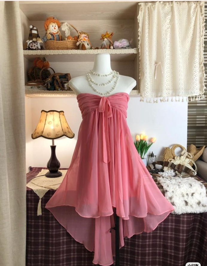 Vintage Pink Chiffon Strapless A Line Short Party Gown Homecoming Dress