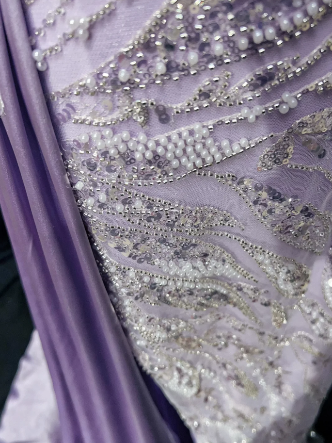 Glamorous Strapless Lavender Tulle Satin Beaded Slit Mermaid Evening Dress Long Birthday Prom Gowns SP1965