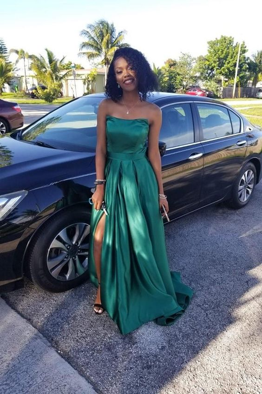 Hunter Green Satin Prom Dresses,Strapless Maxi Long Dress with Side Slit Y6290