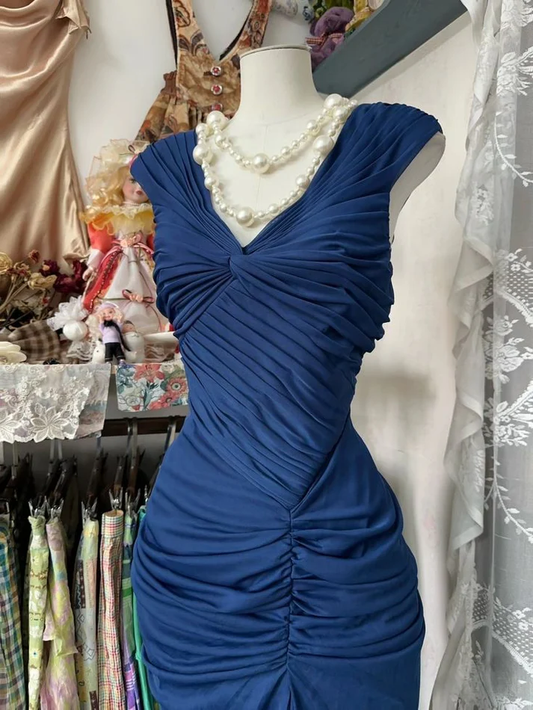 Vintage Navy Blue Chiffon Pleated Mermaid Prom Evening Dress,V Neck Party Gown cc2534