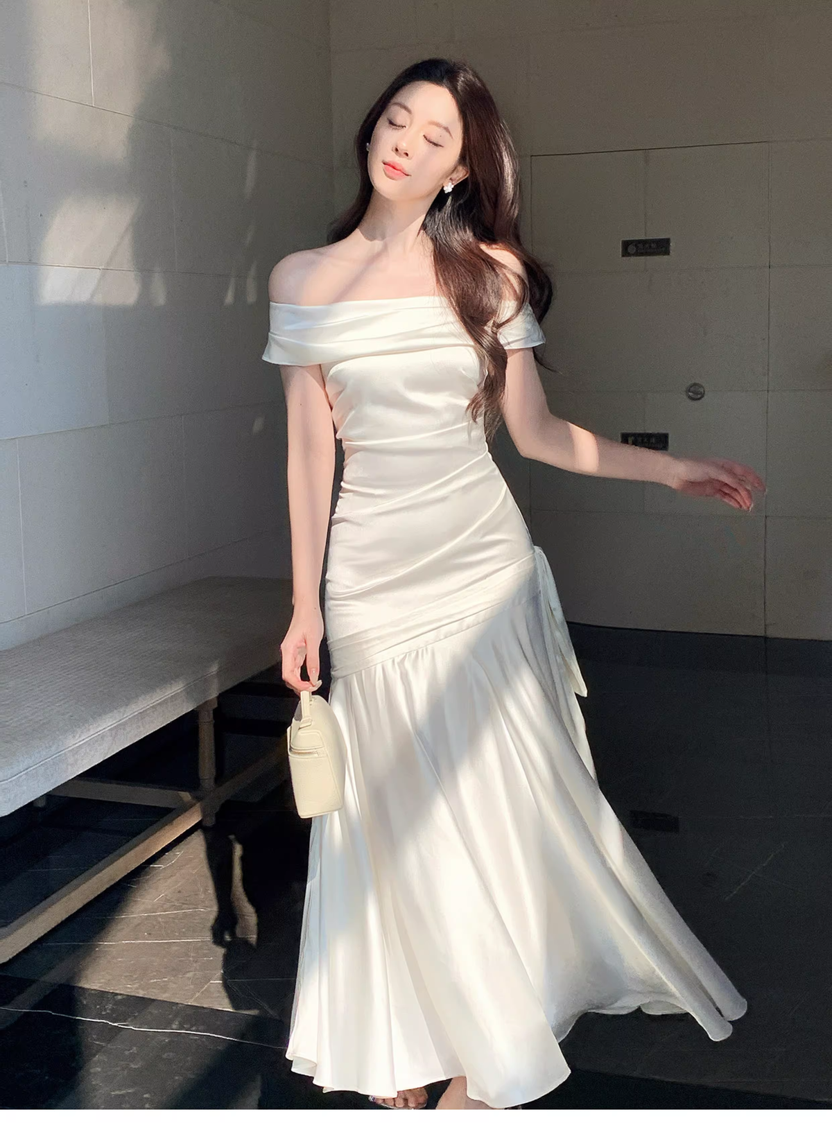 Charming Off The Shoulder White Satin Pleated Mermaid Long Evening Dress Birthday Dress SP1642
