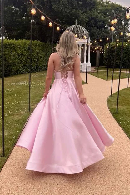 V-neck pink high waisted A-line dress