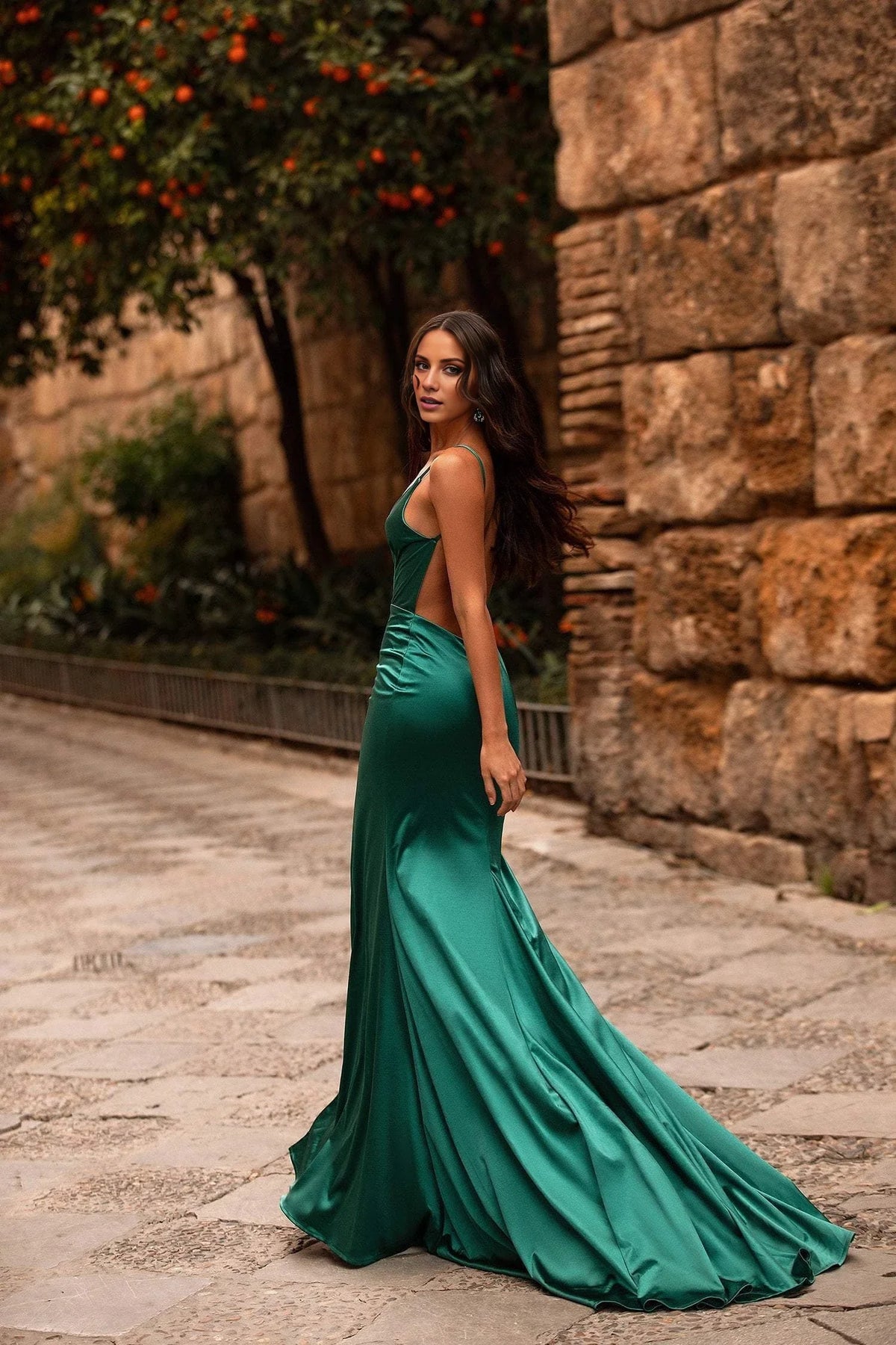 V-neckline off shoulder sleeveless thin shoulder strap backless side slit and floor length evening dress