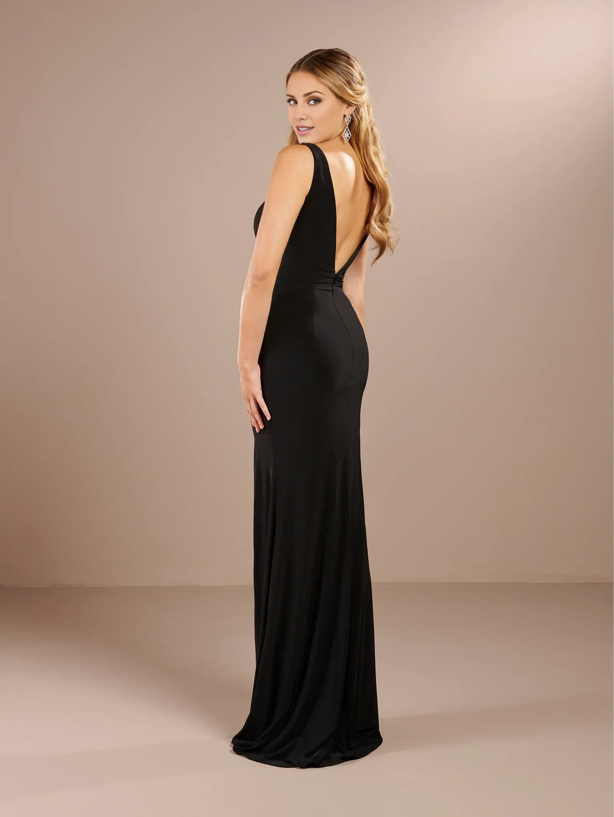 V-neck off shoulder sleeveless backless side slit and floor length evening dress