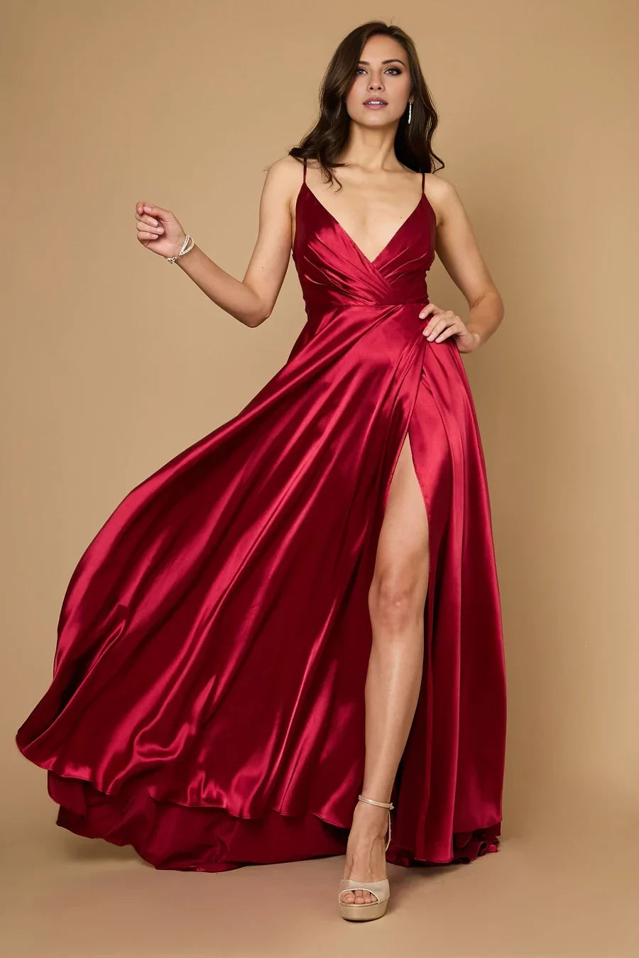 V-neck off shoulder sleeveless thin shoulder strap with backless side slit Prom dress