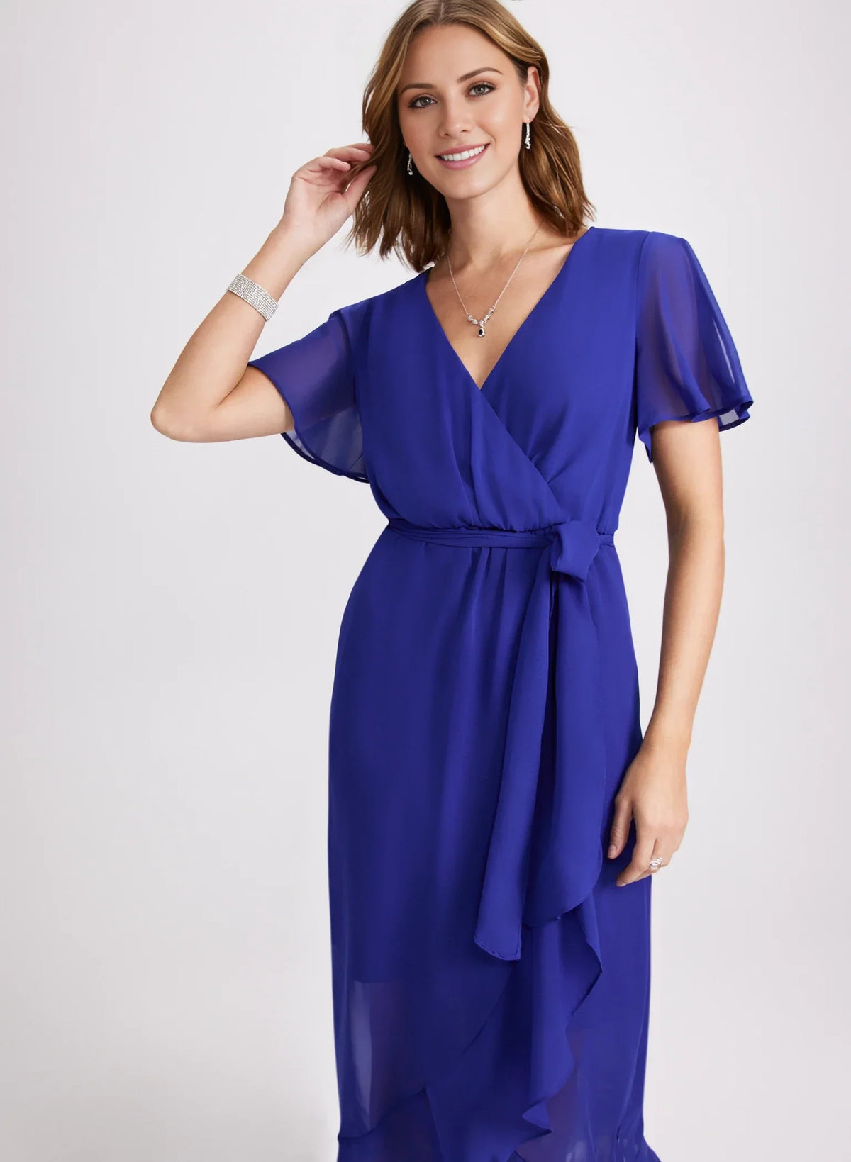V-neck short sleeved chiffon pleated detail with side slit and floor length Prom dress