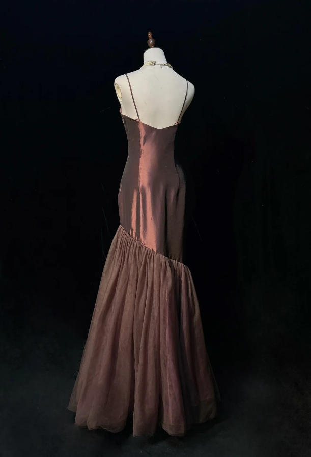 Vintage Spaghetti Straps Dark Burgundy Satin Tulle Mermaid Long Evenng Dress Party Gown Formal Wedding Guest Dress