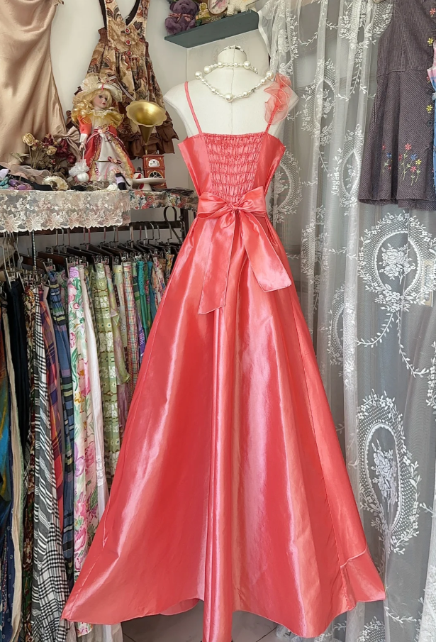 Pretty Spaghetti Straps Peach Pink Satin Long Party Dress Evening Gown