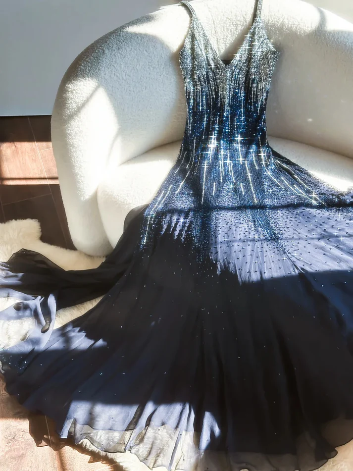 Pretty Spaghetti Straps V NecK Navy Blue Chiffon Beaded Mermaid Evening Dress Long Birthday Party Gown
