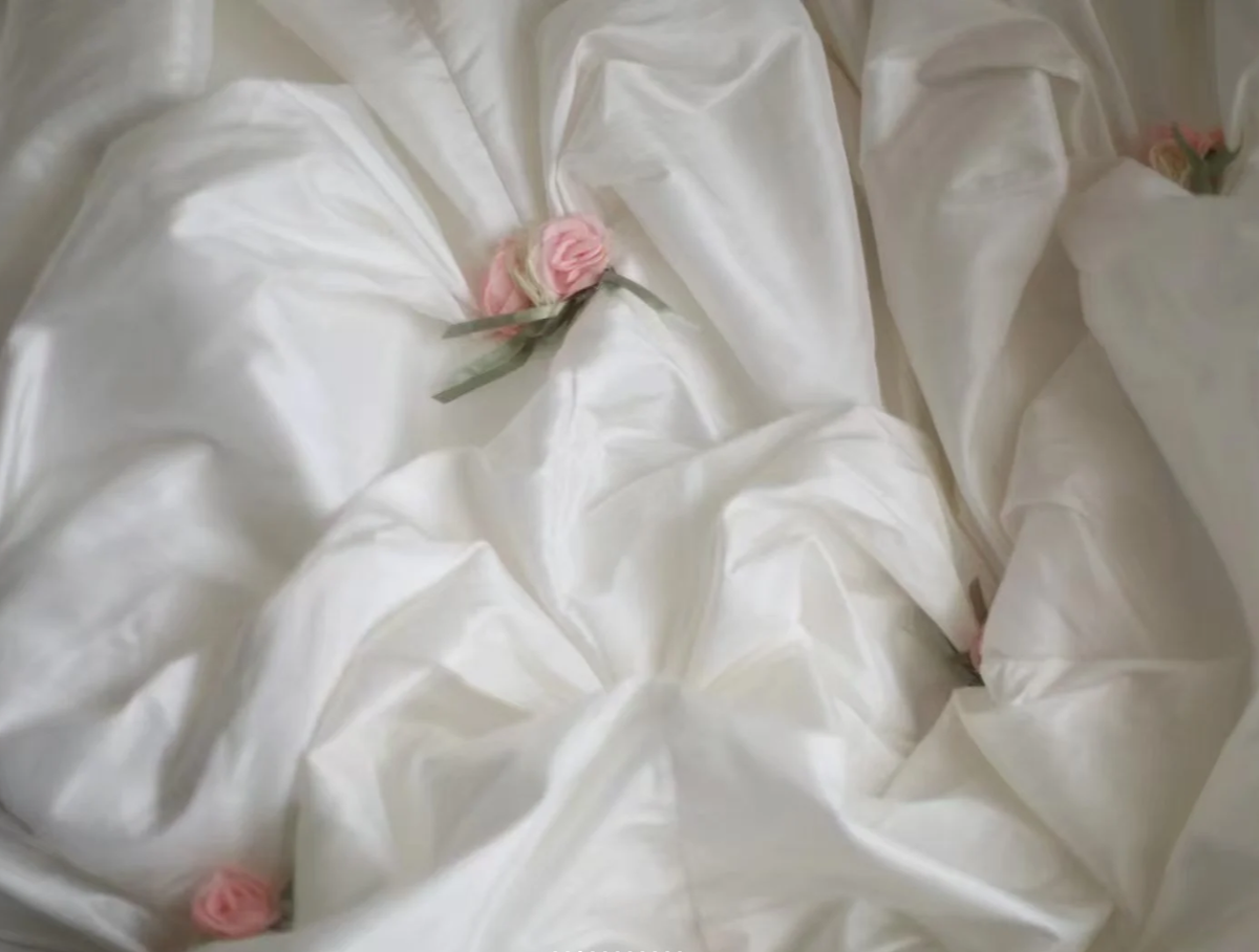 Elegant Strapless Ball Gown White Satin Pleated Floral Long Wedding Dress