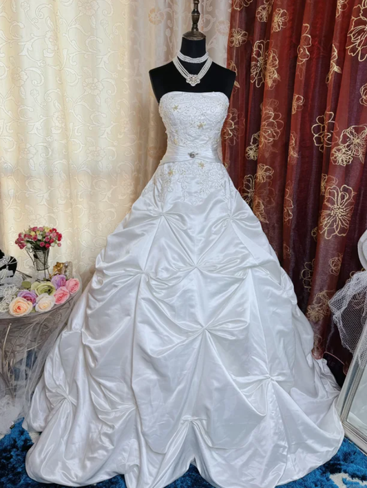 Vintage Strapless Satin Pleated Beaded Bridal Dress White Long Wedding Dress SP1611