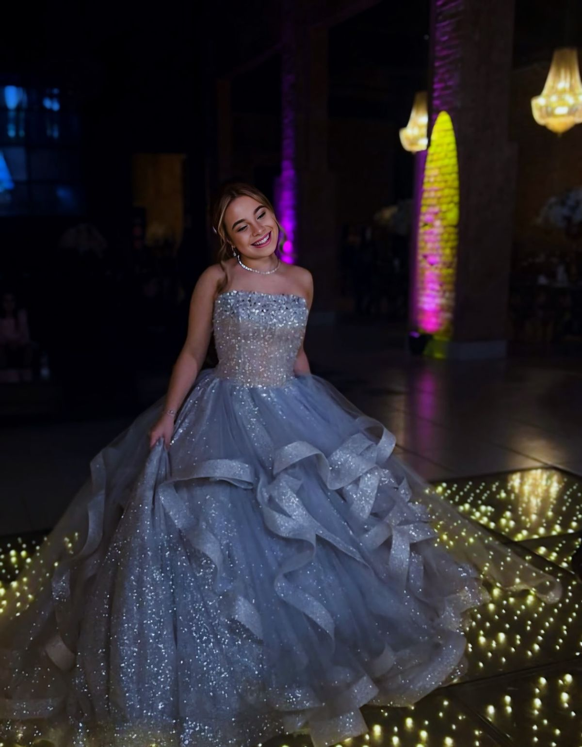 Gorgeous Strapless Ball Gown Blue Tulle Sequin Beaded Long Birthday Party Dress Prom Gowns