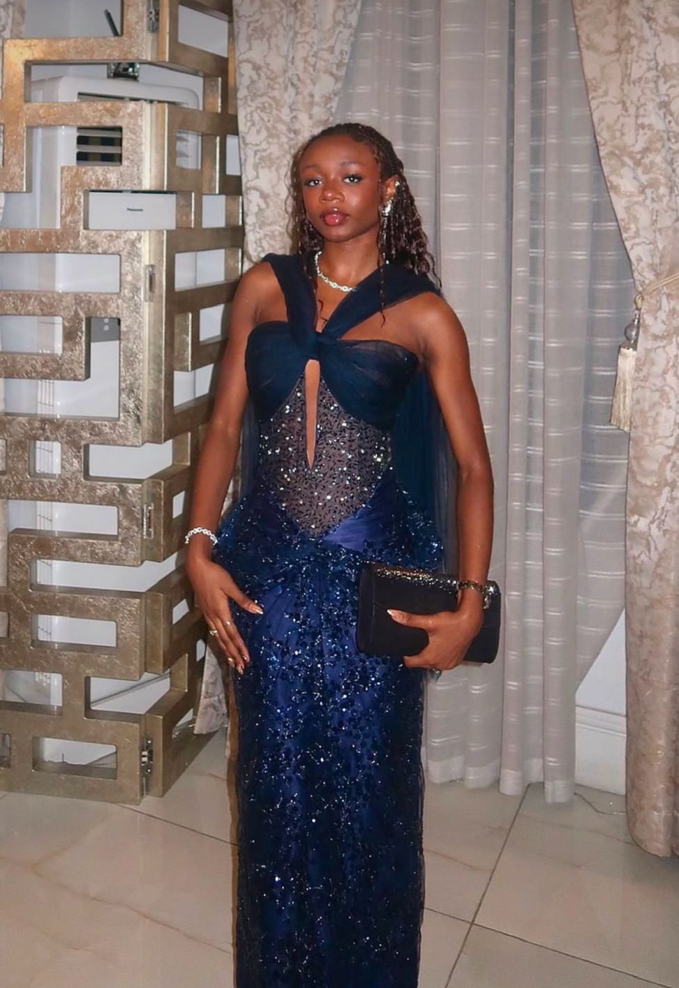 Sparkly Sleeveless Navy Blue Sequin Beaded Long Party Dress Evening Gown