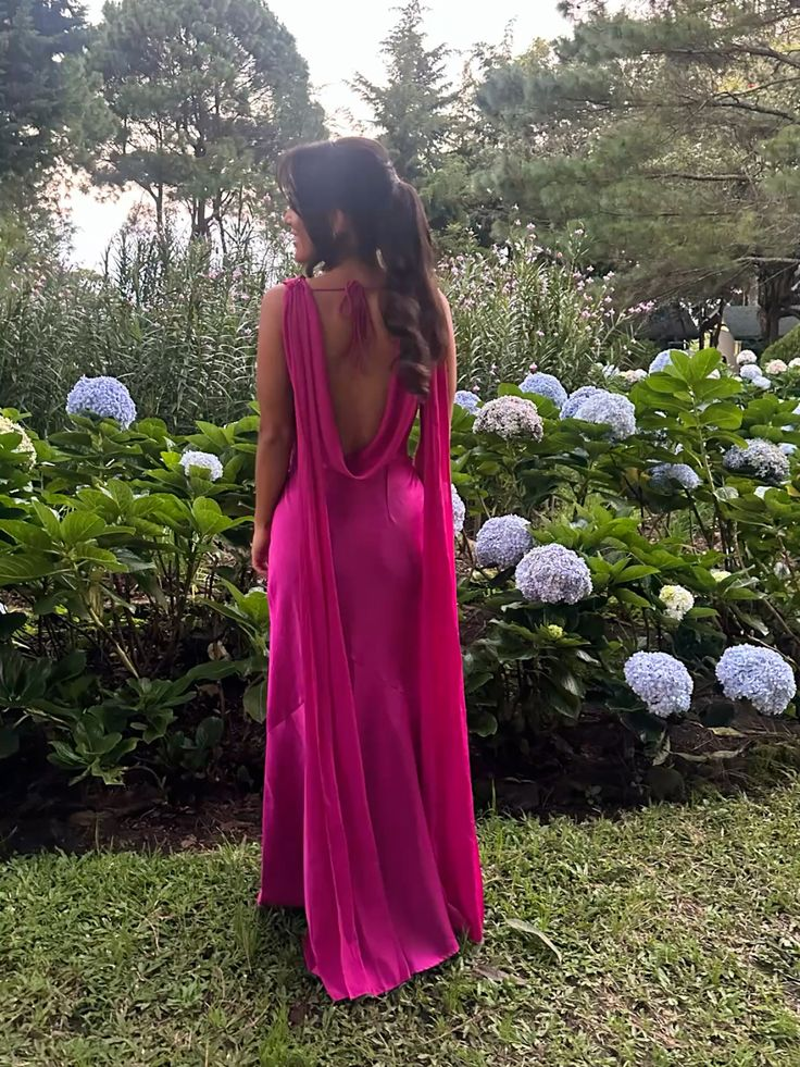 Elegant Hot Pink Satin Mermaid Long Wedding Guest Dress Backless Evening Dress SP1303
