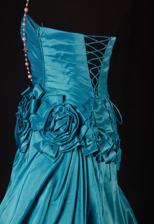 Vintage Strapless Blue Green Satin Pleated Floral Mermaid Long Party Dress Evening Gown