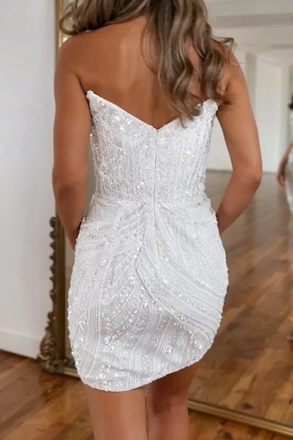 Vintage White V-Neck Sweetheart Bodycon Design Elegant Beaded Strapless Homecoming Dress TP3557
