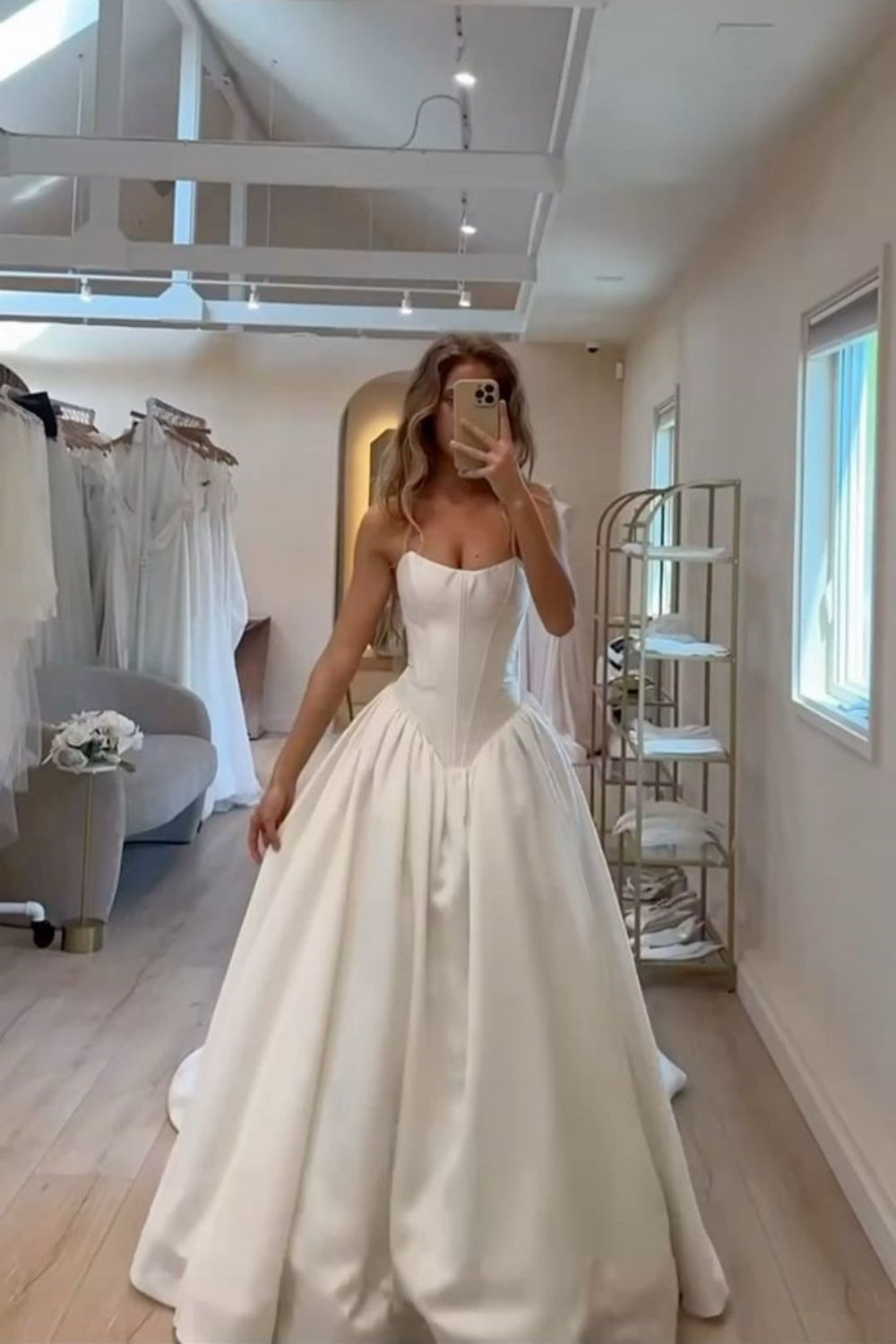 girlhomeshops- White, stylish, and simple basic satin wedding dressbridal gowngh6219