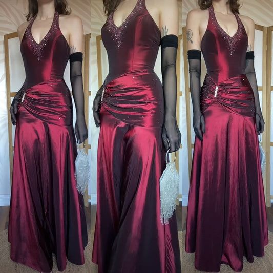 Pretty Burgundy Halter V Neck Beaded Satin Mermaid Long Evening Dress Birthday Party Dress Prom Gown