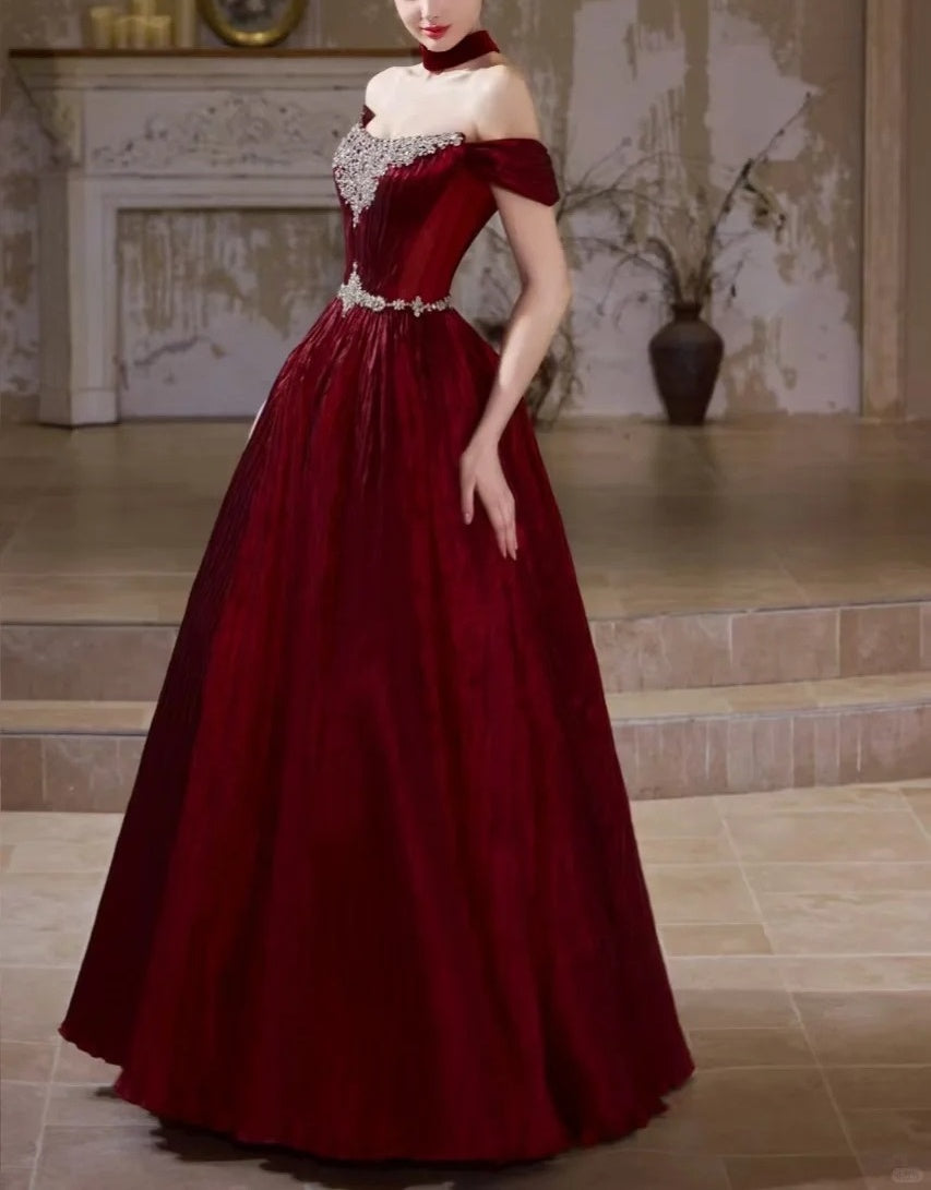 Girlhomeshops-Burgundy Retro Elegant Rhinestone Beaded Long Velvet Ball Gown Evening Dress gh5073