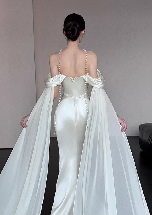 Glamorous Off The Shoulder Satin Chiffon Mermaid Long Evening Dress White Birthday Prom Dress SP2021