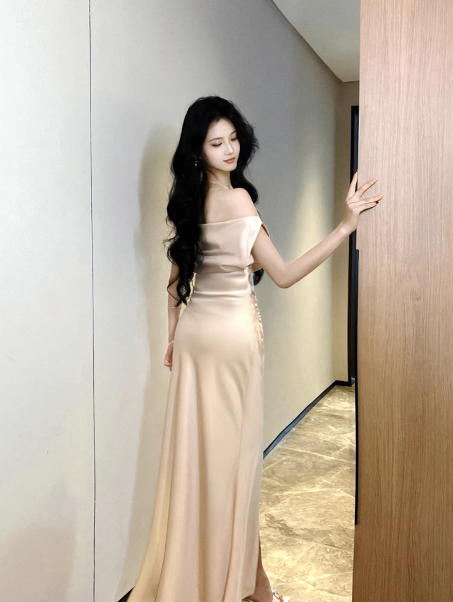 Fashion Off The Shoulder Pink Satin Mermaid Party Dress Long Wedding Guest Dress SP1983