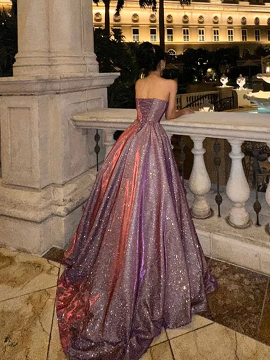 Glitter Strapless A Line Satin Sequins Long Prom Dress Formal Evening Gown cc2183