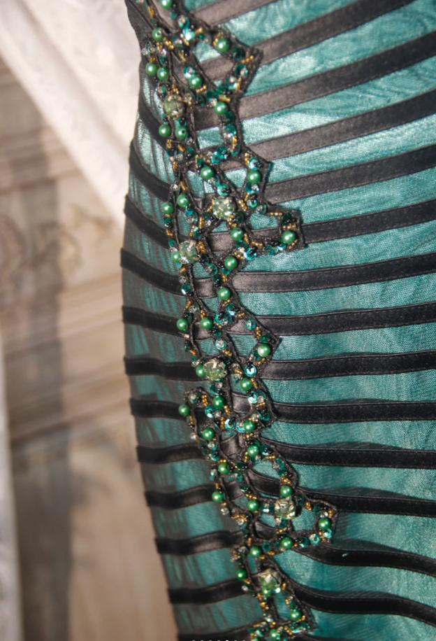 Vintage Spaghetti Straps Satin Tulle Beaded Mermaid Evening Dress Dark Green Long Party Gown