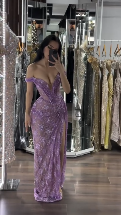 Elegant Off The Shoulder Purple Lace Pleated Slit Mermaid Prom Dress Long Birthday Evening Gowns SP1737