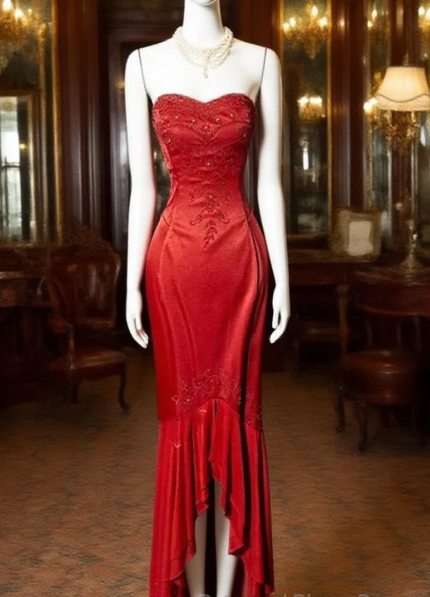 Stylish Strapless Red Satin Beaded Mermaid Long Wedding Guest Dress Formal Birthday Party Dress Prom Gown