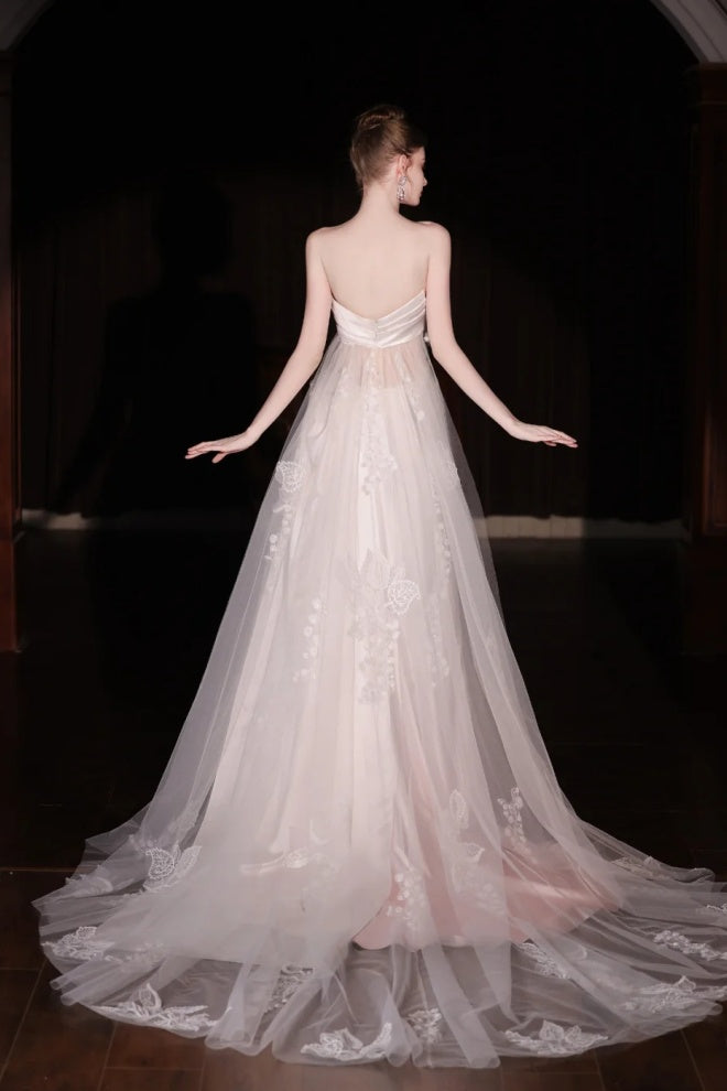 Pink gradient satin lace long tulle wedding dress gh6847