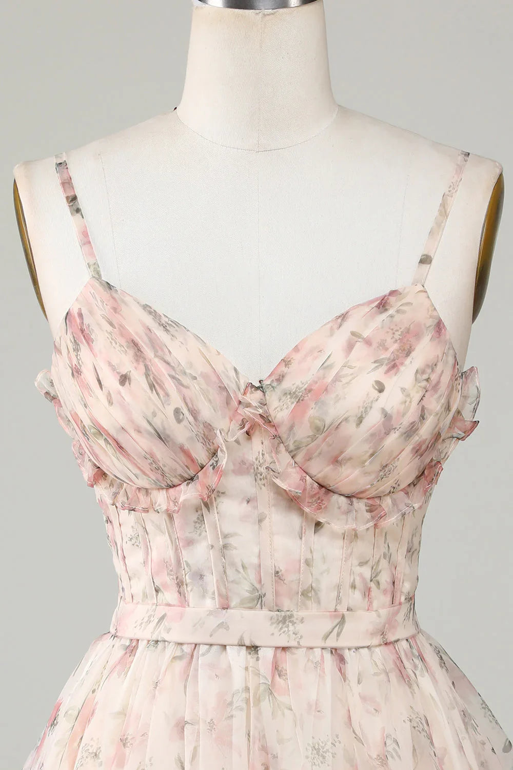 New Fashion Champagne Floral Design A-line Corset Spaghetti Strap Short Homecoming Dress TP3457