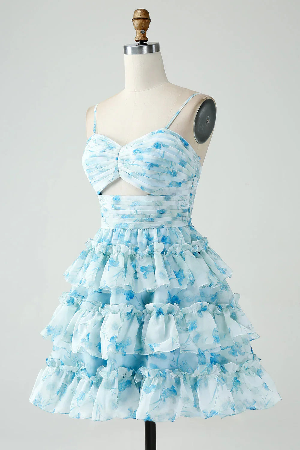 Vintage Light Blue Floral Design A-line Spaghetti Strap Tiered Homecoming Dress TP3455