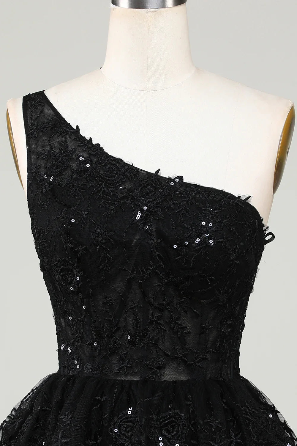 Gorgeous Black One-shoulder Appliques Tulle Design A-line Homecoming Dress TP3632