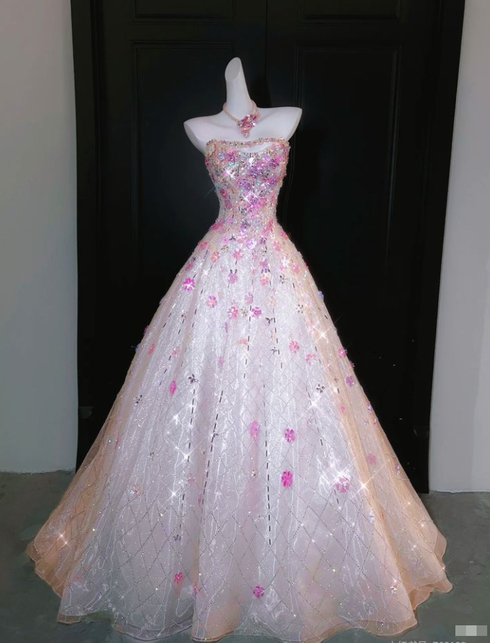Pretty Strapless Pink Tulle Sequin Beaded Long Party Dress Prom Gown