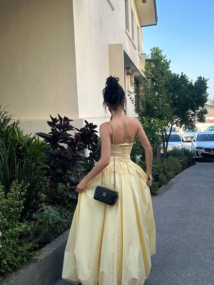 Cute Strapless Yellow Satin Pleated A Line Birthday Evening Gown Long Wedding Guest Dress SP1146