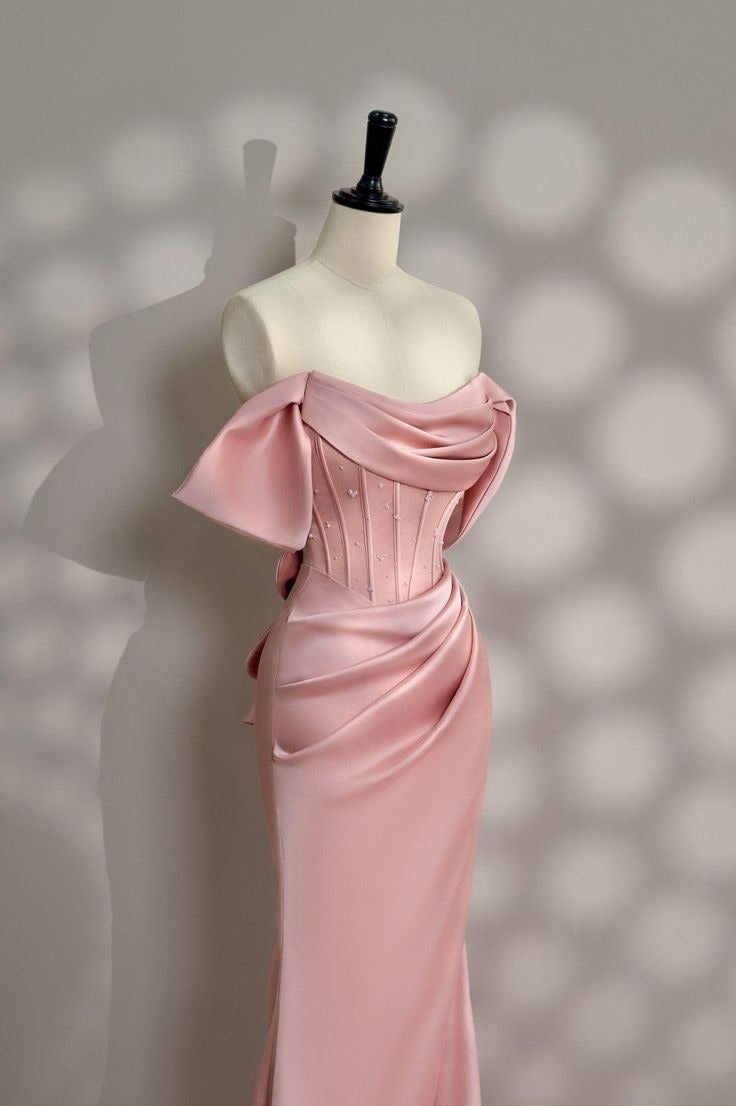 Classy Long Pink Satin Off Shoulder Evening Party Dresses Mermaid Wedding Guest Dresses Y8693