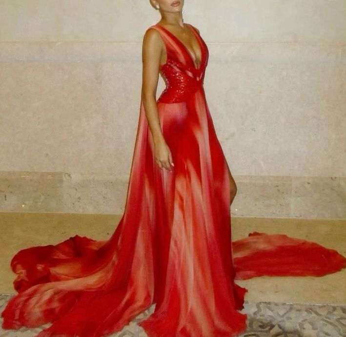 Sexy Deep V Chiffon Beaded Slit Mermaid Evening Dress Long Party Gown