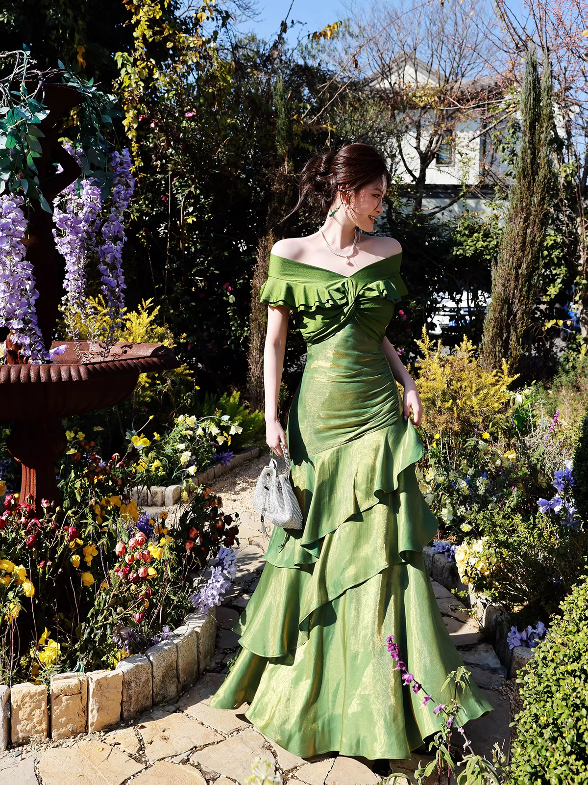 Glamorous Off The Shoulder Green Satin Ruffles Layered Mermaid Evening Dress Long Birthday Outfits SP1644