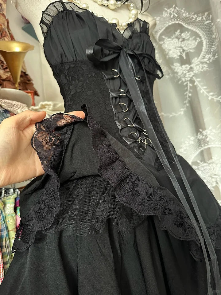 Vintage Black Sweetheart Design Elegant Spaghetti Strap Tiered Homecoming Dress TP3537