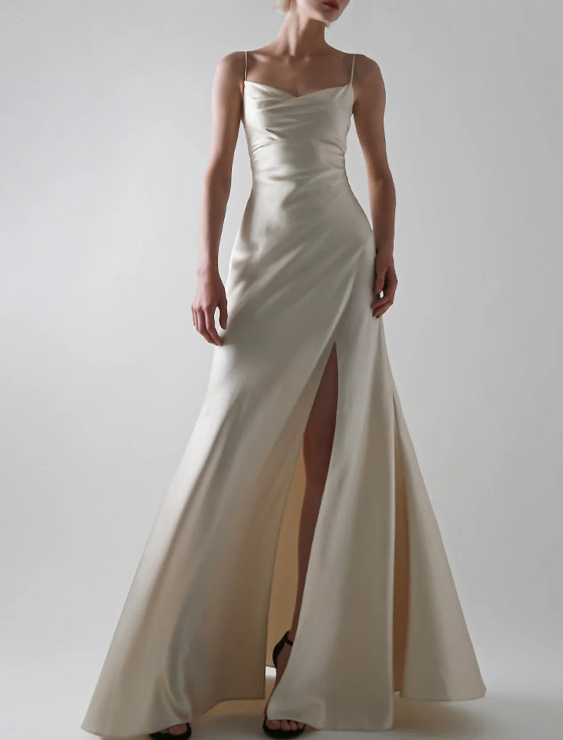 A-Line Evening Gown Sexy Dress Wedding Guest Prom Floor Length Sleeveless Spaghetti Strap Satin with Slit Pure Color 2026