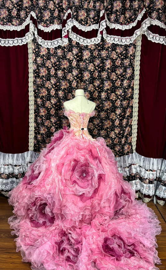 Elegant Pink 3D Flower Tulle Beaded Quinceanera Dress Evening Ball Gown TP4268