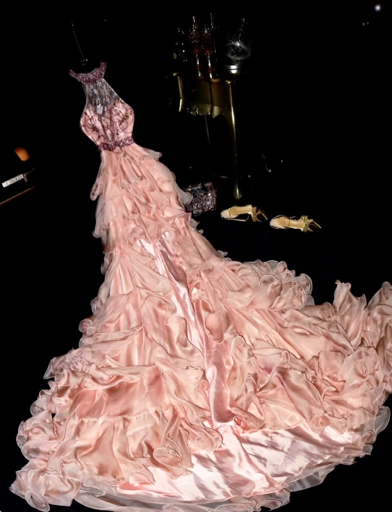 Glamorous Pink Satin Halter Neck Beaded Layered Ruffled Mermaid Evening Gown TP5362