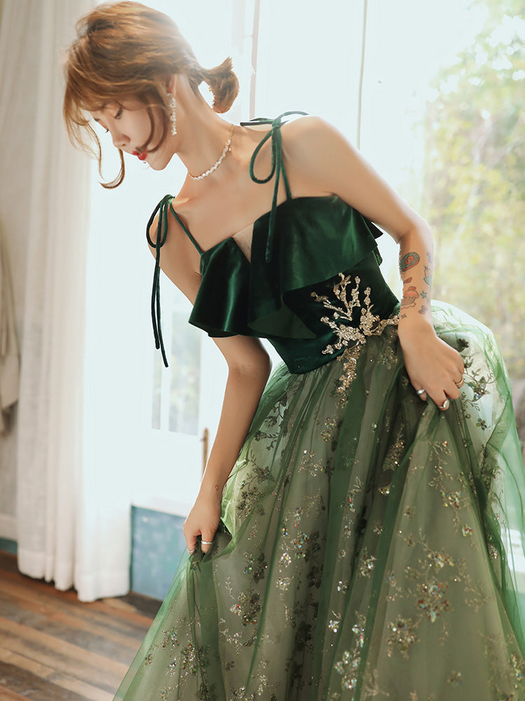 Beautiful Dark Green Straps Tulle With Velvet Prom Dress, Green Prom Gowns Prom Dresses