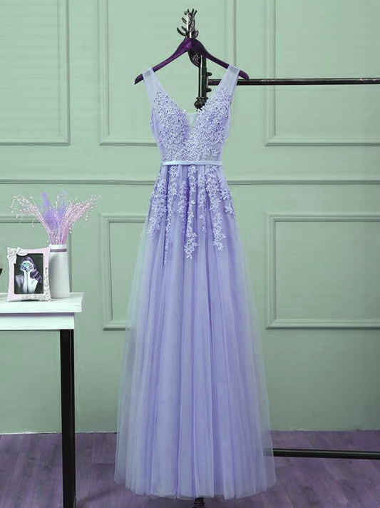 Beautiful Light Purple Tulle Long Prom Gowns, A-Line V-Neckline Prom Dresses