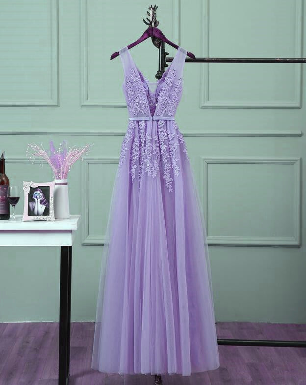 Beautiful Light Purple Tulle Long Prom Gowns, A-Line V-Neckline Prom Dresses