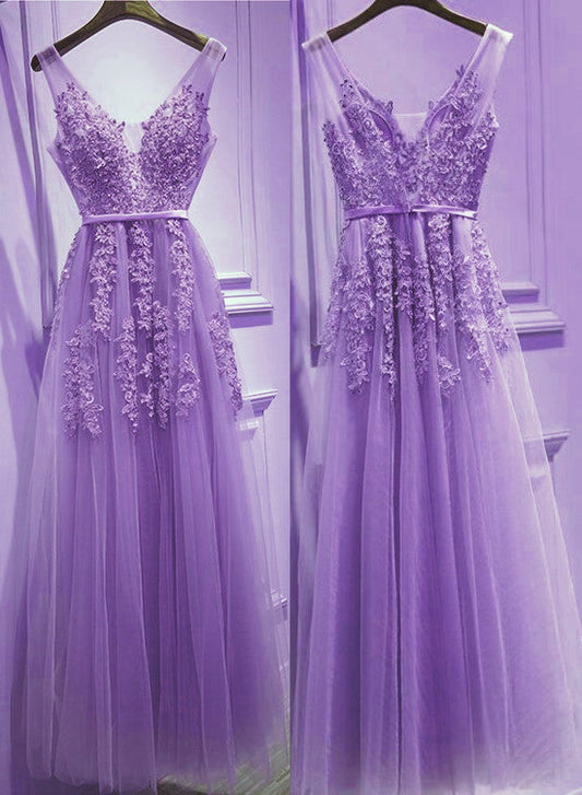 Beautiful Light Purple Tulle V-Neckline Prom Dresses , Tulle Prom Gown