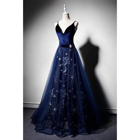 Beautiful Navy Blue Straps Velvet Long Prom Dresses, Tulle Blue Prom Gowns