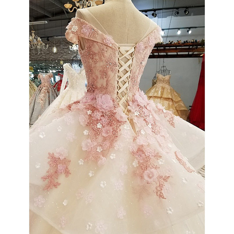 Beautiful Pink Tulle With Flowers And Beaded Long Prom Dresses, Pink Sweet 16 Gowns